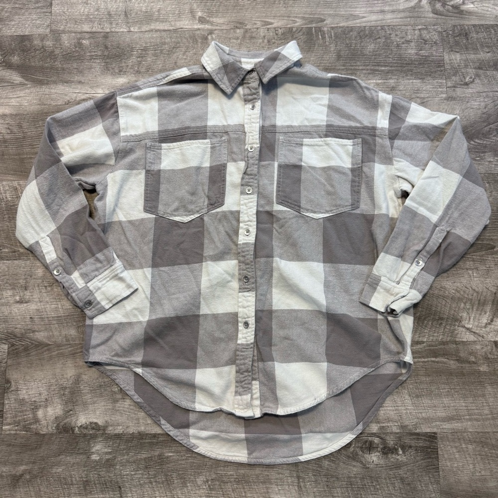 Aerie Anytime Fave Flannel Oversized Shirt Gray/White Gingham Womens Sz. XXS